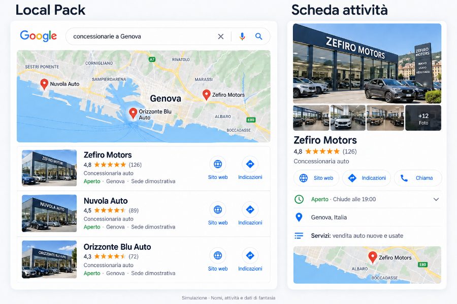 Simulazione di Local Pack e scheda attività su Google, con nomi e dati di fantasia